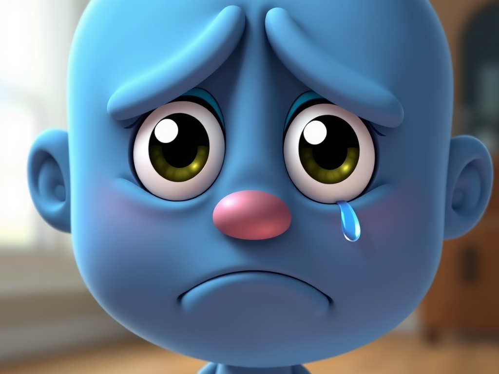 Create a high-resolution cartoon image of a sad blue face with large eyes, incorporating a single tear, using an aperture of f/2.8, a shutter speed of 1/60s, and a focal length of 50mm, captured from a front view with a soft focus background.