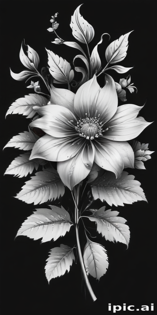 Elegant Black and White Floral Arrangement with Detailed Leaves and Petals