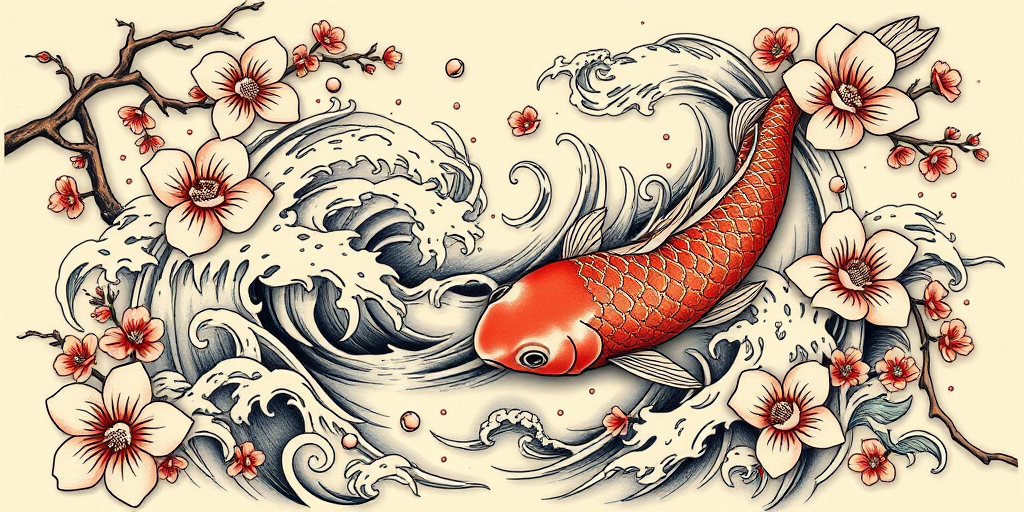 Japanese-inspired "Koi Cascade" tattoo composition showcasing graceful koi fish swimming through swirling water and cherry blossoms with meticulous attention to detail and flowing organic forms