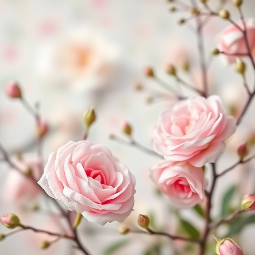 create a soft-focus floral wallpaper background with pastel roses and delicate branches, captured with a DSLR camera at f/2.8, 50mm lens, ISO 100, natural light, and soft vignette effect for enhanced detail and depth