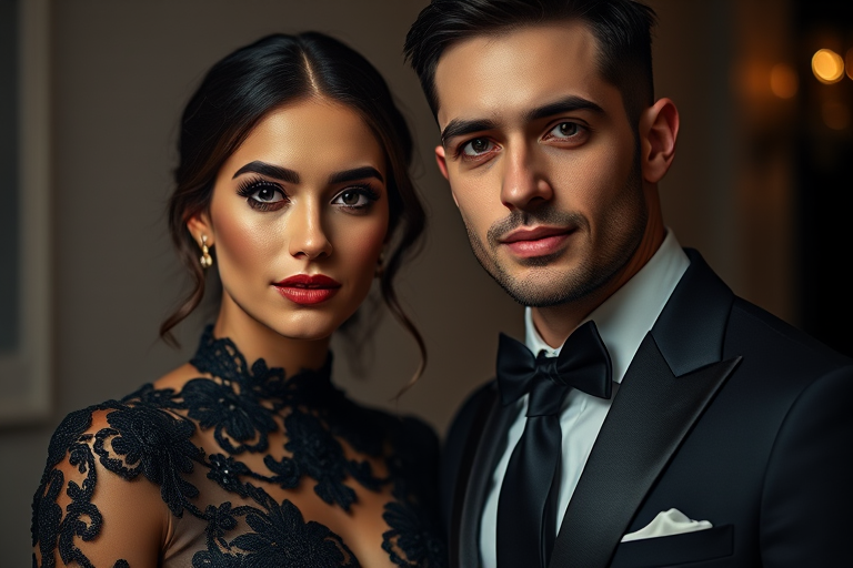 A high-resolution portrait of a couple in formal attire, the woman wearing a black lace gown and the man in a tailored suit, captured with a Canon EOS R5, 50mm f/1.2 lens, ISO 100, aperture f/2.8, and soft diffused lighting for an elegant look, focus on their facial expressions and intricate details of their outfits.