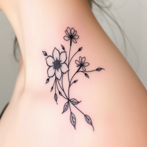 Minimalist fine line tattoo titled "Whispered Secrets" using thin black lines to create a delicate and elegant design of intertwining flowers and leaves with subtle shading for depth and dimension