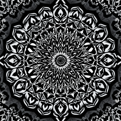 Create a highly detailed black and white mandala design with intricate patterns and symmetrical elements, using a macro lens at f/8, 1/125s shutter speed, and ISO 100, shot from a top-down view with a digital DSLR camera to enhance clarity and depth.