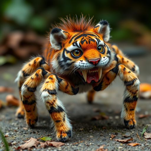 This charming yet frightening Spider Tiger features six legs, a hairy, furry body, and a cat-like tiger physique combined with an insectoid tiger head and tiger legs. The furry head further adds to the creature's unique appearance, creating a captivating blend of cuteness and fear that makes this six-legged, furry, insect-inspired tiger both adorable and scary.