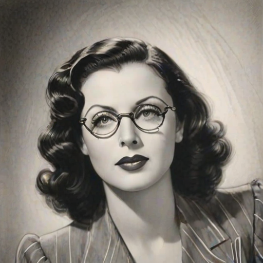 Splendid Hedy Lamarr, pencil sketch, portrait of Splendid woman 1932s in glasses, hair style beatnik, outline, clear lines, fine lines, 8k