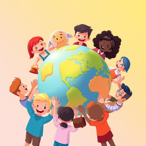 Create an illustration of diverse people holding hands around a globe, with vibrant colors and a cheerful atmosphere, using a Canon EOS R5 with a 24-70mm f/2.8 lens, ISO 100, f/8 aperture, in bright daylight, with a focus on characters in a whimsical cartoon style.