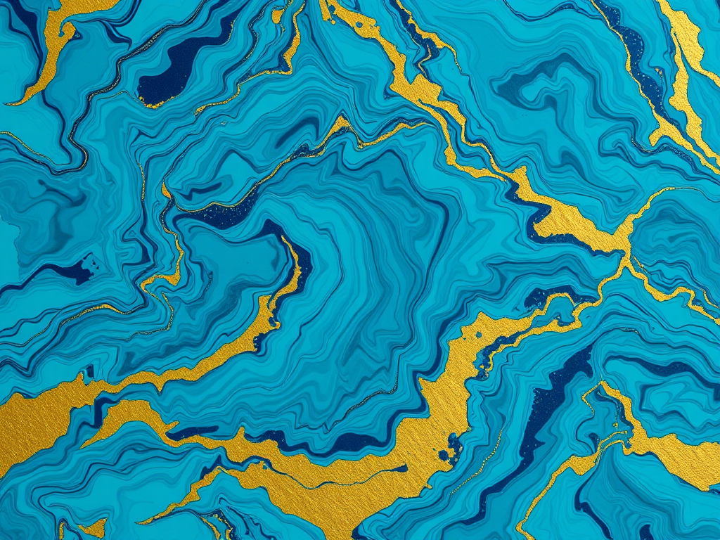 Create an abstract image featuring flowing blue and teal marbled patterns with gold accents, using a Canon EOS R5 camera, 50mm lens, aperture f/1.8, ISO 100, in natural lighting, capturing a top-down view to enhance depth and texture.