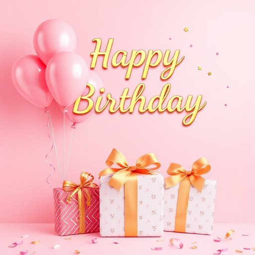Create a birthday card design featuring colorful balloons in shades of pink and gold against a soft pink background. Include three beautifully wrapped gifts at the bottom with decorative ribbons and patterns. The text "Happy Birthday" should be elegantly written in a gold font at the top, surrounded by small stars and confetti elements for a festive touch.