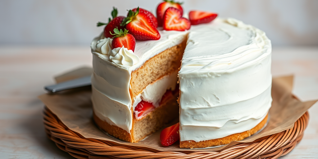 A beautifully layered cake with whipped cream and fresh strawberries on top, showcasing a slice cut out to reveal creamy filling, placed on a wicker tray with parchment paper, against a soft, natural background.