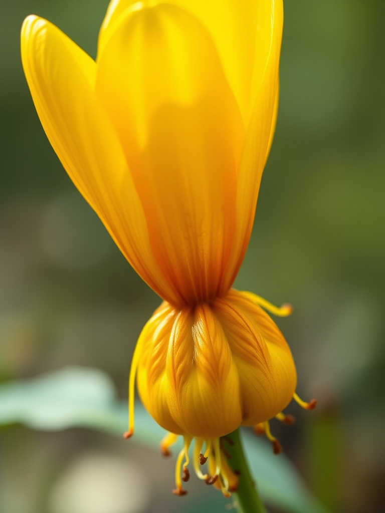 Create a highly detailed digital illustration of a yellow flower with a bulbous base and roots, using a macro lens with a shallow depth of field, vibrant colors, and a soft background blur to enhance the focus on the flower, with a 50mm f/1.8 lens, natural lighting, and a high-resolution camera setting.
