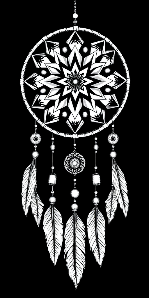 Create a detailed black and white illustration of a dreamcatcher featuring a star pattern, with intricate feathers and beads hanging down, taken with a DSLR camera at f/2.8, ISO 100, 50mm lens, natural lighting, high-resolution flat lay perspective.