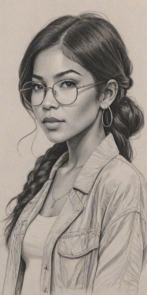 Attractive Jhene Aiko, pencil sketch, portrait of Exquisite woman 1927s in glasses, hair style beatnik, outline, clear lines, fine lines, 8k