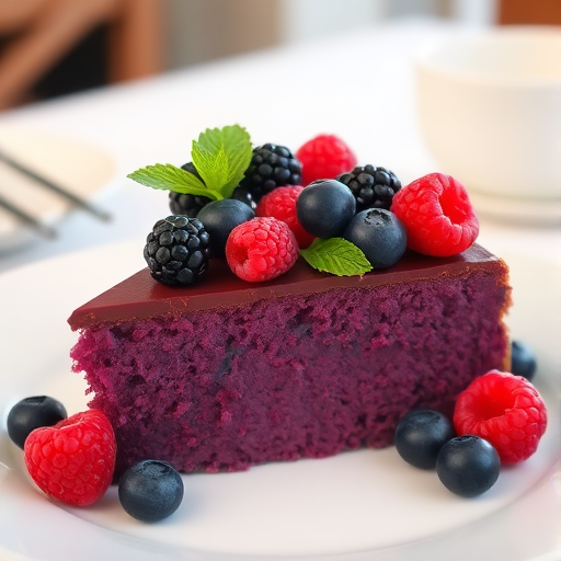 A slice of rich purple cake topped with blackberries raspberries and blueberries garnished with mint leaves on a white plate with a soft blurred background featuring a cozy dining setting.