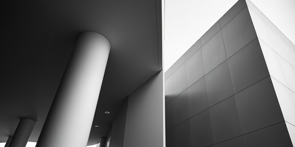 Capture a high-contrast black and white image of modern architectural shapes with strong geometric lines, using a Canon EOS R5, Aperture f/8, ISO 100, 1/200 sec, under natural daylight, shot from a low angle to emphasize depth and perspective.