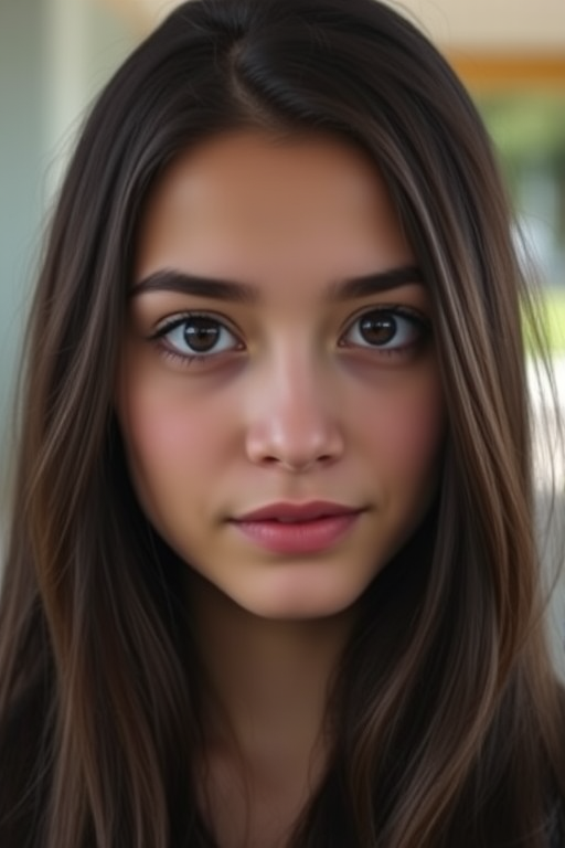 portrait of a young woman with long dark hair and expressive eyes, natural soft lighting, shallow depth of field, camera settings: f/1.8 aperture, ISO 100, shutter speed 1/200, camera view: close-up, camera style: candid, camera type: DSLR