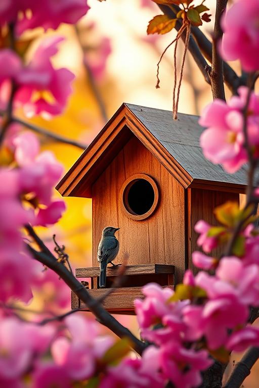 Capture a close-up shot of a wooden birdhouse nestled among vibrant pink cherry blossoms with a shallow depth of field, using a DSLR camera with an aperture of f/2.8, ISO 100, and a focal length of 50mm, ideally during golden hour for warm lighting.