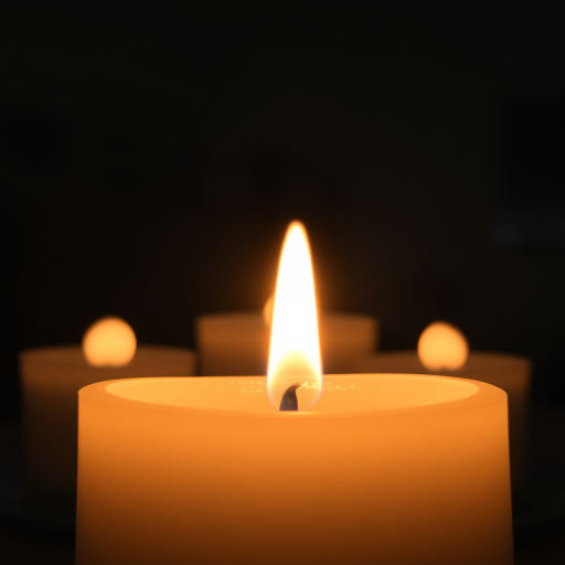 Capture a close-up of a burning white candle in a dimly lit room, using a DSLR camera, 50mm lens, aperture set to f/1.8, ISO 200, with a shallow depth of field to create a soft background blur.