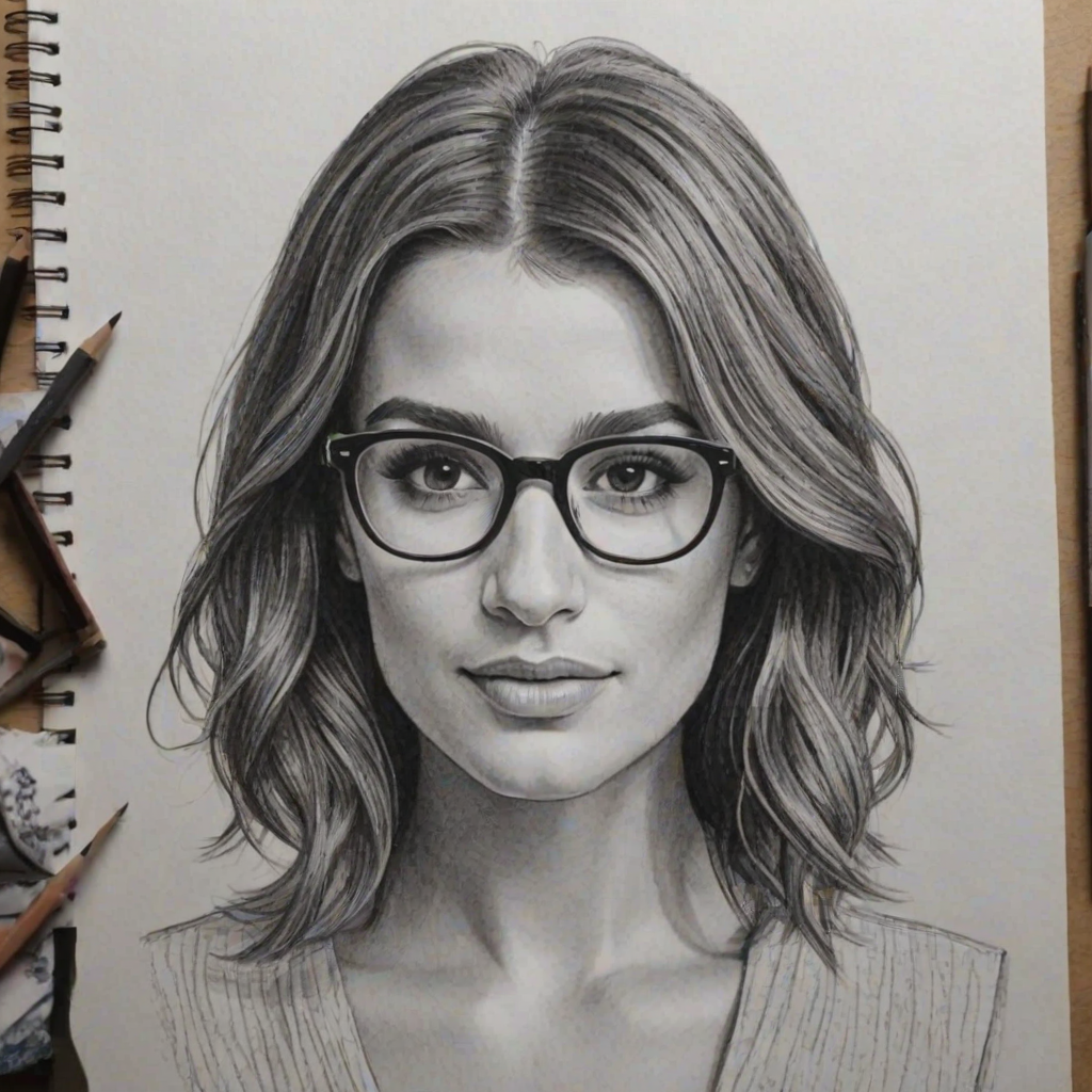 Splendid Lea Michele, pencil sketch, portrait of Splendid woman 1921s in glasses, hair style beatnik, outline, clear lines, fine lines, 8k