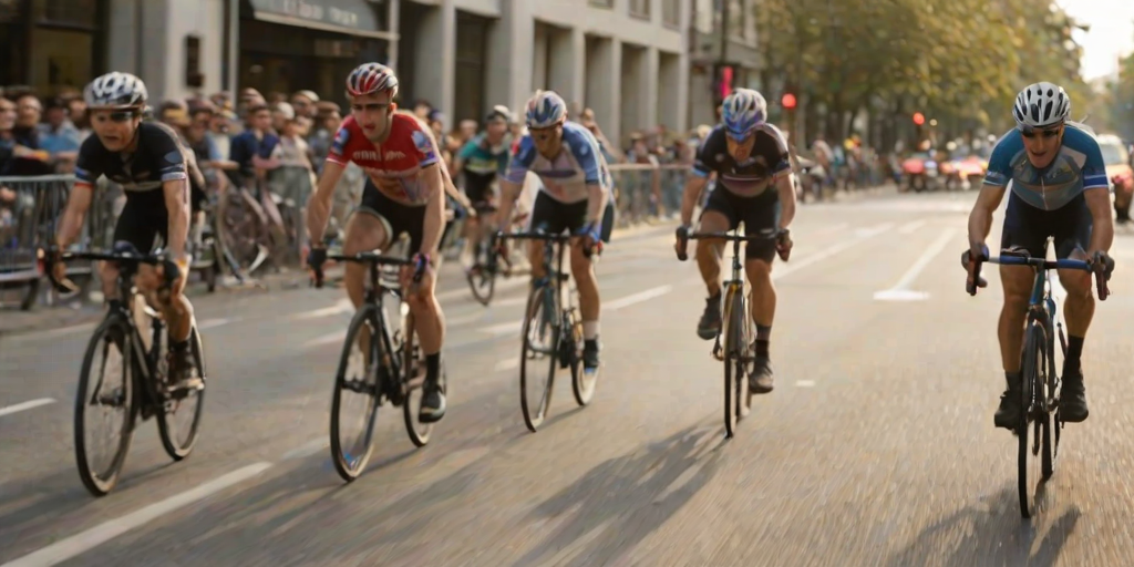 Blurry action shot of a group of cyclists racing down a city street, soft sunlight reflecting off their helmets and chrome handlebars, with onlookers cheering from the sidewalk.