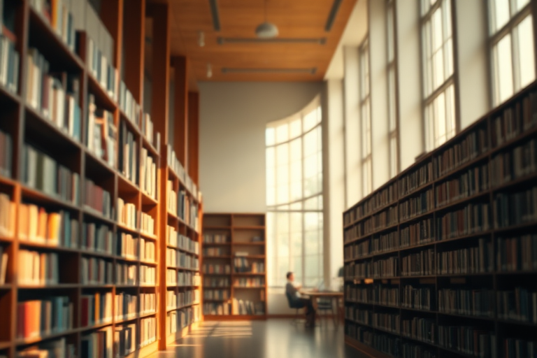 Soft-focus image of a quiet library with tall shelves filled with books, soft sunlight streaming through large windows, and a solitary figure reading in a cozy corner.