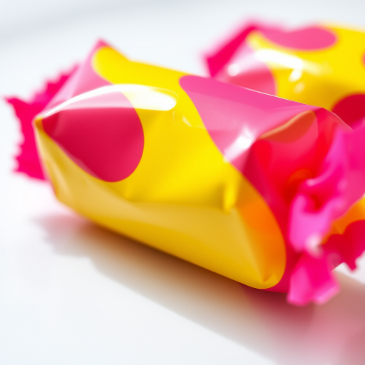 A colorful wrapped candy with a pink and yellow design, cartoon style, high resolution, 50mm lens, f/2.8 aperture, shot in daylight, shallow depth of field, DSLR camera.