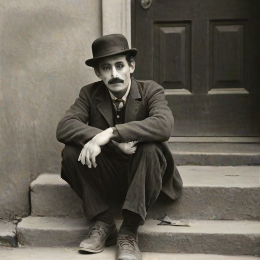 A black-and-white photograph of a man and a child sitting on steps in front of a doorway. The man is dressed as a tramp with a bowler hat, mustache, and ragged clothes, reminiscent of Charlie Chaplin's iconic look. He is sitting with his arms crossed and an expression of slight sadness or frustration. Next to him is a young boy, also in worn clothes and a cap, sitting with his hands clasped, looking thoughtful. The background is an old, textured wall and a partially open door, creating a vintage, early 20th-century atmosphere.