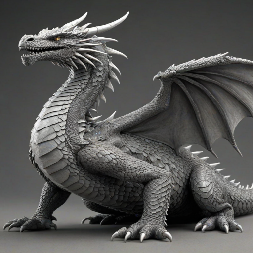 create a highly detailed 3D dragon resting on its belly with scales in shades of gray, large wings folded against its body, sharp features, intricate texture, and a fierce yet majestic appearance, set against a plain background.
