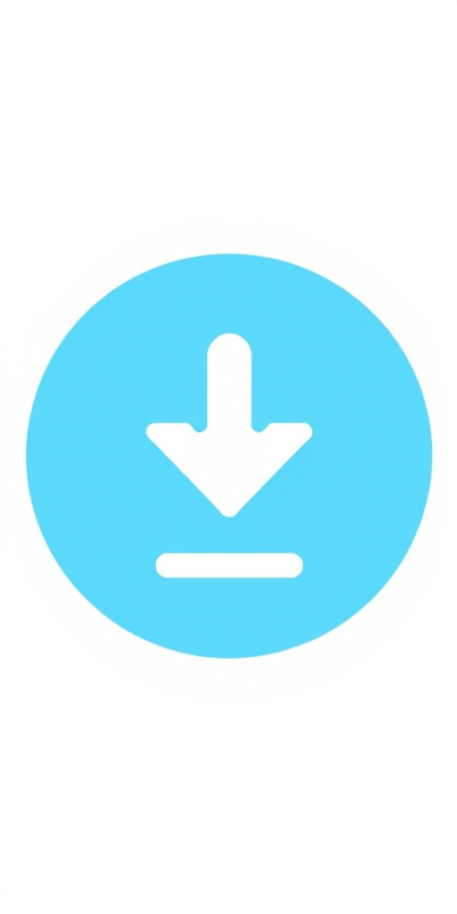 Create a simple download icon design featuring a downward arrow with a base, on a light blue circular background, using a DSLR camera with a 50mm lens, aperture set to f/2.8 for a shallow depth of field, and shoot in high-resolution mode.