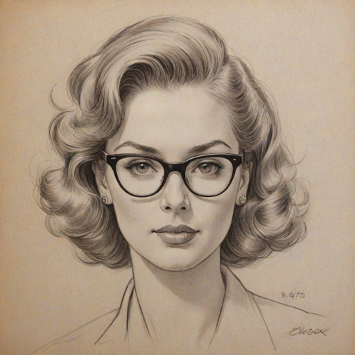 Captivating Ursula Parker, pencil sketch, portrait of Ravishing woman 1946s in glasses, hair style beatnik, outline, clear lines, fine lines, 8k