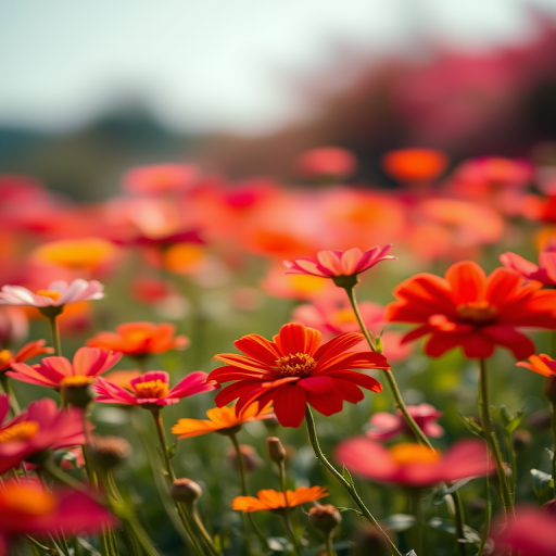 Capture a vibrant field of flowers with soft bokeh in the background, using a Canon EOS R5 with an EF 50mm f/1.2L lens, aperture f/1.8, ISO 100, shutter speed 1/200s, center-focus view, and a dreamy, ethereal style.