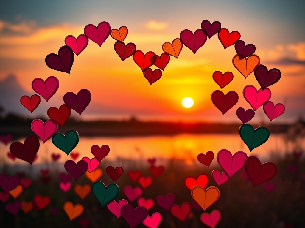 Create a vibrant sunset scene with a heart-shaped frame made of colorful hearts, using a Canon EOS R5, 50mm f/1.2 lens, f/2.8 aperture, ISO 100, shot in bright natural light for enhanced image quality.