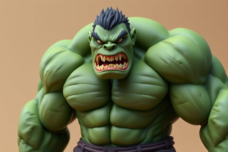 Create a highly detailed 3D model of a hulking green character with exaggerated features, rendered in a low-poly style, shot with a Canon EOS R5 at 50mm focal length, f/8 aperture, ISO 100, soft studio lighting, and an angled view to emphasize muscular details against a smooth beige background.