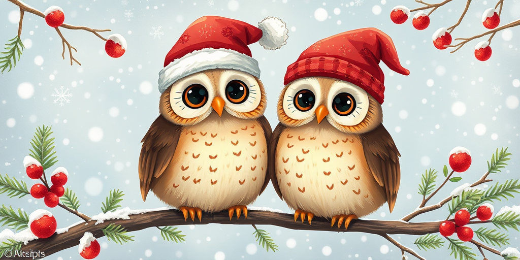 Create a whimsical illustration of two owls wearing festive hats, perched on a branch with winter foliage and a snowy background, shot with a DSLR camera at f/4 aperture, 50mm lens, with soft focus and high saturation for vibrant colors.