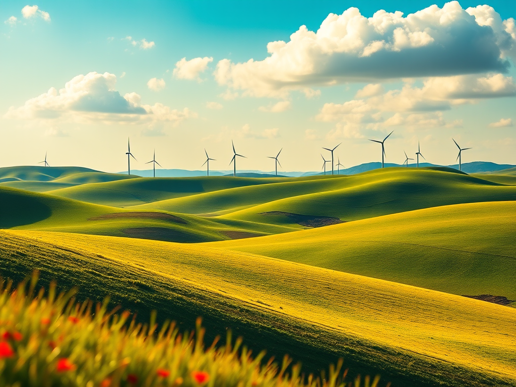 scenic landscape of rolling green hills with windmills in the background, vibrant colors, sunny sky, soft clouds, wide-angle view with a focus on depth of field, ISO 100, f/8 aperture, 24mm lens, DSLR camera