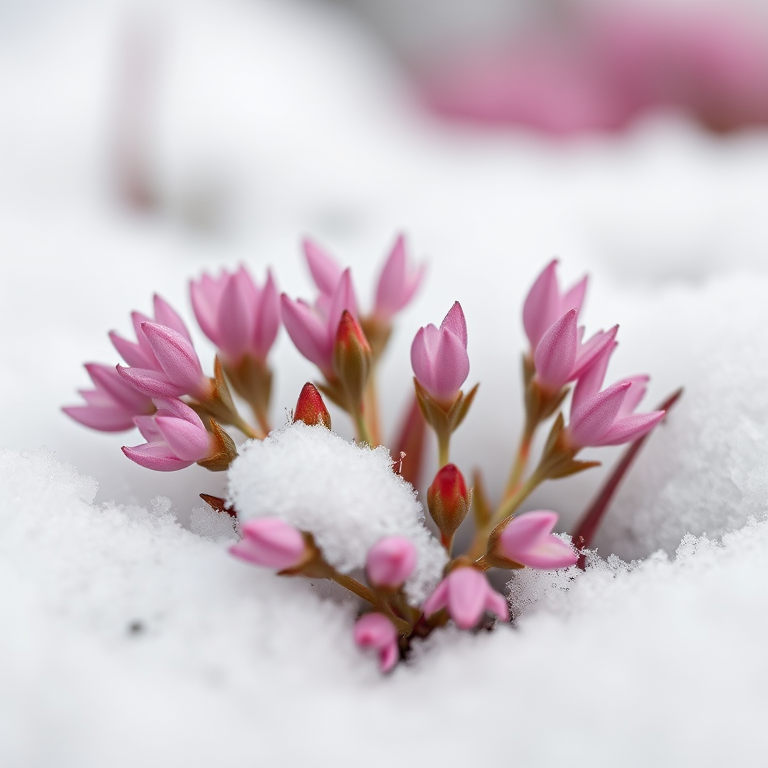 Close-up of pink flowering heather emerging from white snow with a shallow depth of field, ISO 100, f/2.8, 1/250s, macro lens, natural light, DSLR camera, soft focus background.