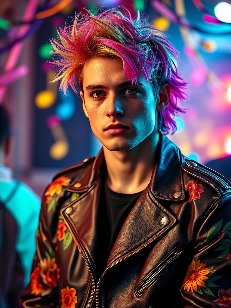 Create a portrait of a stylish male figure with vibrant, multicolored hair, wearing a floral leather jacket, set against a lively backdrop of colorful musical notes and dynamic party lights, captured with a DSLR camera at f/1.8, ISO 200, 50mm lens, in a close-up view for enhanced detail and focus on the subject.