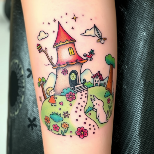 Whimsical illustrative tattoo titled "Storybook Dreams" depicting a fantastical scene straight from a children's book. Charming characters and magical creatures inhabit a colorful landscape filled with wonder and imagination. Soft, painterly techniques and a pastel color palette create a gentle, nostalgic atmosphere that captivates the eye.