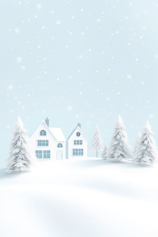 Create a winter scene with a light blue background featuring falling snowflakes. Include a row of white, cozy houses with windows and chimneys, alongside white evergreen trees. The ground should be gently sloping and covered with snow, creating a peaceful and festive atmosphere.