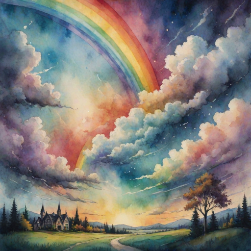 A whimsical and surreal sky with a vibrant rainbow, featuring dramatic lighting effects and a textured watercolor background, with a touch of gothic aesthetic.