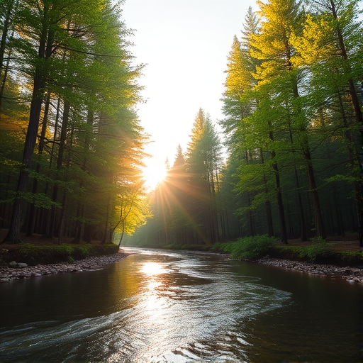 Create an image of a serene, sunlit forest scene with a clear, gently flowing river. Tall trees with lush green foliage line both sides of the river, their leaves bathed in the warm golden light of the setting or rising sun. The sunlight filters through the trees, casting soft, dappled light on the river, which flows over smooth rocks and pebbles, creating a peaceful, natural atmosphere. The sky is bright with a few scattered clouds, and the overall mood is tranquil, evoking a deep sense of connection with nature. The image captures the beauty of a calm, pristine forest landscape at either dawn or dusk.