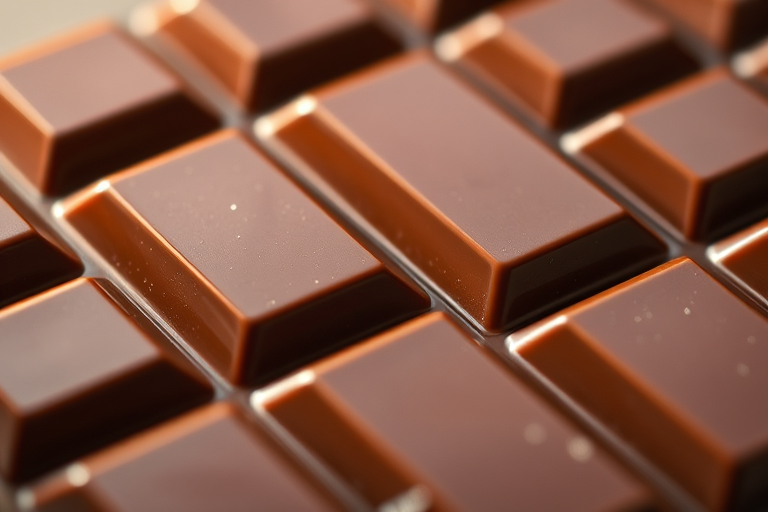 Generate an image of a chocolate bar with a glossy finish and high detail under soft natural lighting, use a 50mm lens at f/2.8, focus on the texture and shine, shot from a diagonal overhead angle.