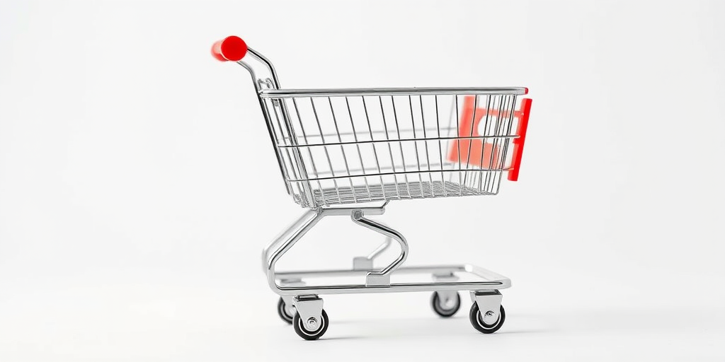 Create a high-resolution image of a shopping cart on a white background, shot with a DSLR camera at f/2.8 aperture, 50mm lens, ISO 100, with a shallow depth of field and soft lighting to enhance details and contrast.