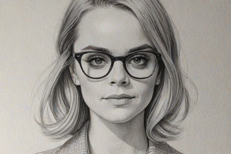 Charming Taryn Manning, pencil sketch, portrait of Comely woman 1926s in glasses, hair style beatnik, outline, clear lines, fine lines, 8k