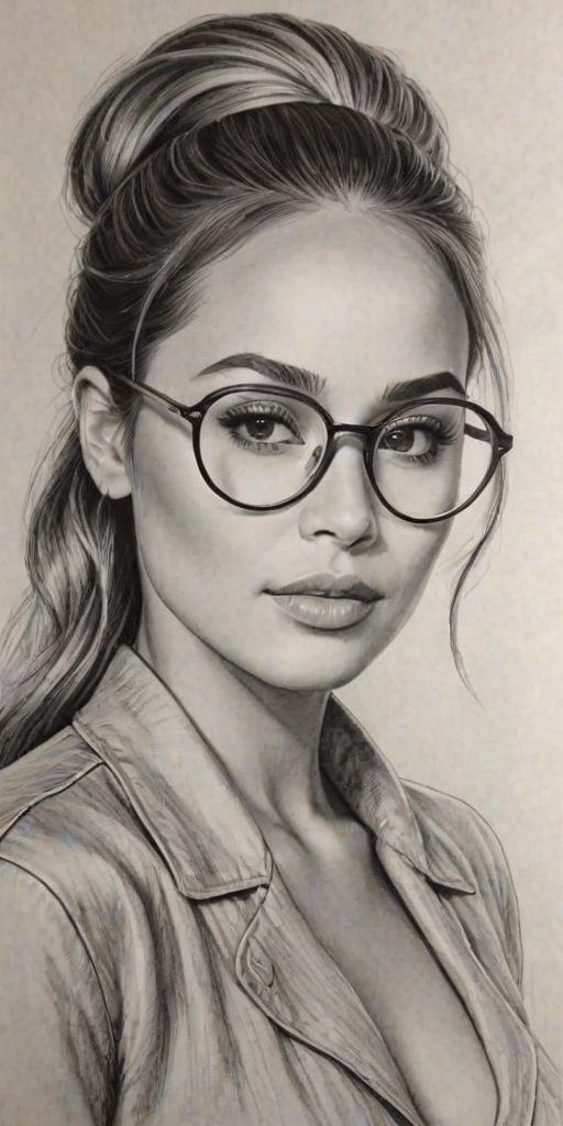 Charming Zulay Henao, pencil sketch, portrait of Magnificent woman 1979s in glasses, hair style beatnik, outline, clear lines, fine lines, 8k