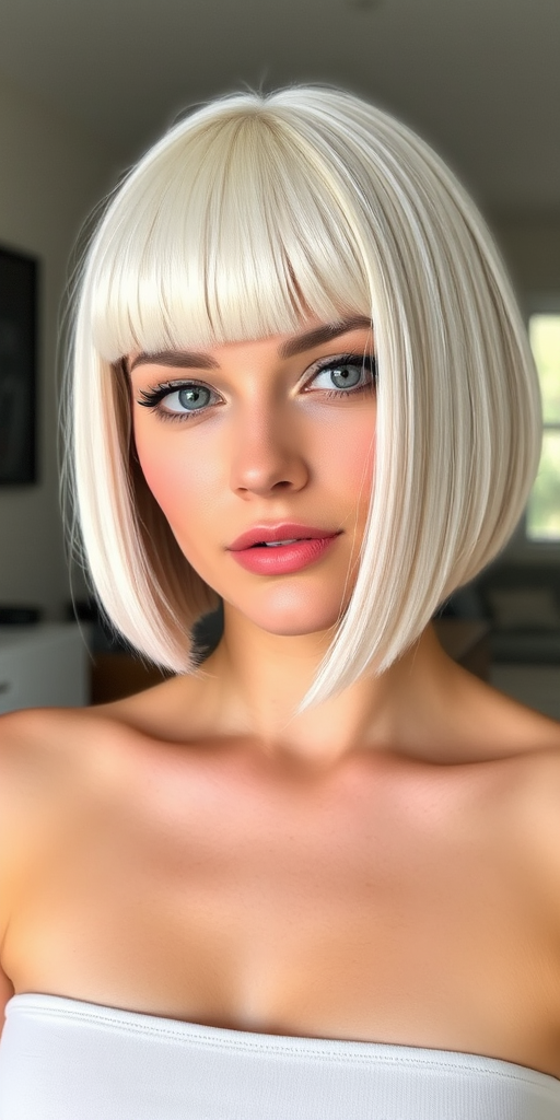 Stunning platinum blonde sporting a sleek, chin-length bob with blunt bangs, radiating modern chic and effortless confidence
