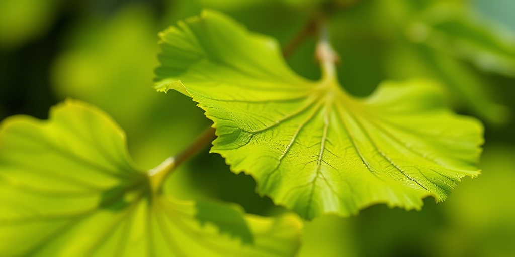 macro shot of ginkgo biloba leaves with a shallow depth of field, focus on the texture of the leaves, natural light, f/2.8 aperture, 50mm lens, ISO 200, Canon DSLR, slight vignette effect