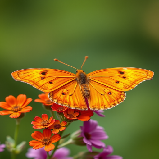 Generate an image of a vibrant orange butterfly perched on a cluster of colorful flowers with a soft green background. The butterfly should have intricate patterns on its wings, and the flowers should be blooming and vivid, creating a harmonious natural scene.