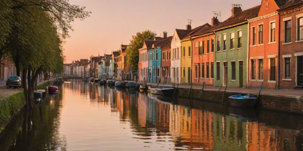Soft-focus image of a row of colorful houses along a quiet canal at sunset, soft golden light reflecting off the water, with gentle ripples creating a sense of calm and serenity.