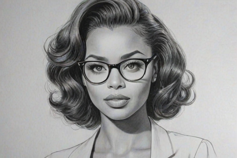 Splendid Katerina Graham, pencil sketch, portrait of Magnificent woman 1946s in glasses, hair style beatnik, outline, clear lines, fine lines, 8k