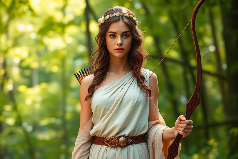 Create a portrait of a goddess-like Persian girl figure in a tranquil, forested environment. She has an elegant appearance with long, wavy hair styled in an updo and adorned with a delicate, floral headband. She wears a flowing, ancient Greek-inspired gown in a soft, pale color, featuring a one-shoulder design and draped fabric that accentuates her graceful form. The outfit includes a decorative belt with ornate gold detailing, and she holds a bow in her hand, with a quiver of arrows slung over her shoulder. The background depicts lush greenery, with sunlight filtering through the trees, casting a gentle, ethereal light on the scene. Her expression is calm and contemplative, embodying a sense of wisdom and serenity.
